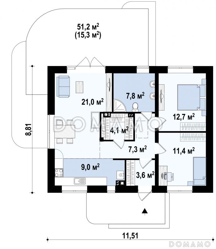 Проект компактного одноэтажного дома из газобетона с двумя спальнями и большой угловой открытой террасой  / План 1 этажа