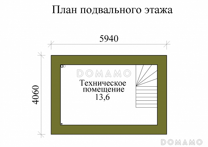 Проект трехэтажного каркасного дома с пятью спальнями, холодным чердаком и подвалом / План цокольного этажа
