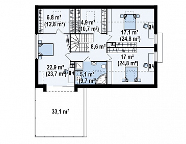 Проект просторного современного мансардного дома из газобетона с пятью комнатами, эркером и террасой над гаражом / План мансардного этажа