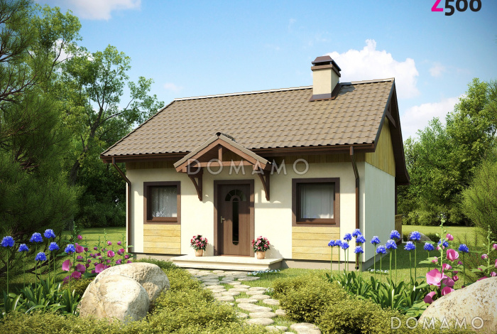 Проект маленького одноэтажного дома из кирпича с просторной крытой террасой