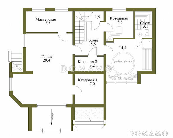 Проект коттеджа с башенкой и гаражом / План цокольного этажа
