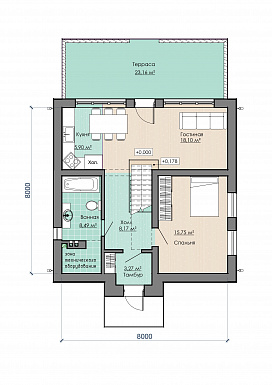 Проект компактного дома с тремя спальнями и открытыми террасами на обоих этажах / План 1 этажа