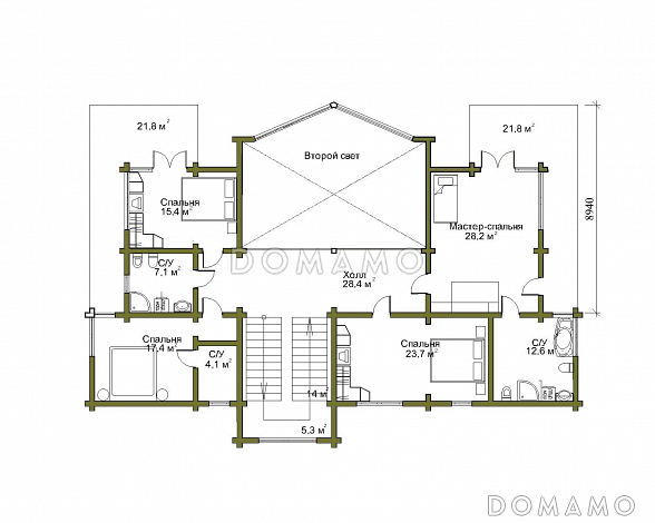 Проект двухэтажного дома из клеенного бруса со вторым светом и двумя балконами / План 2 этажа