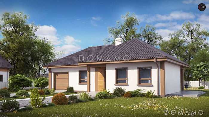 Проект небольшого одноэтажного дома из газобетона с тремя спальнями, красивой угловой террасой и гаражом