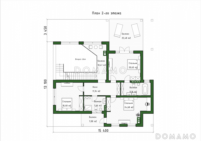 Проект дома с мансардой, вторым светом, балконом и крытой террасой / План мансардного этажа
