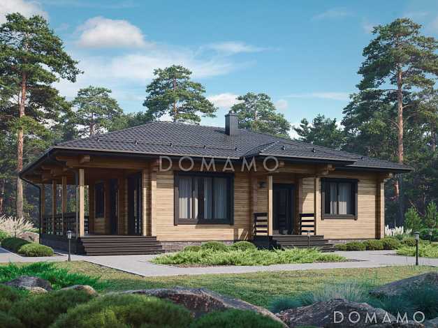 Проект одноэтажного дома с террасой, хозяйственным помещением, тремя спальнями