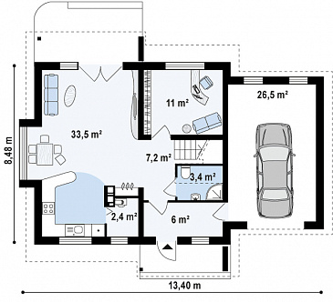 Проект одноэтажного дома из газобетона с жилым мансардным этажом и гаражом  / План 1 этажа