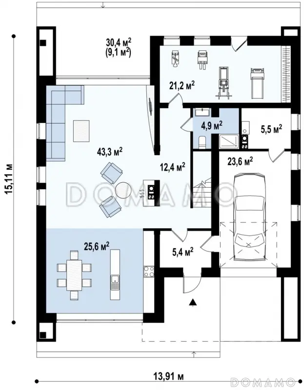 Проект современного двухэтажного дома из газобетона с тремя спальнями, спортзалом и гаражом / План 1 этажа