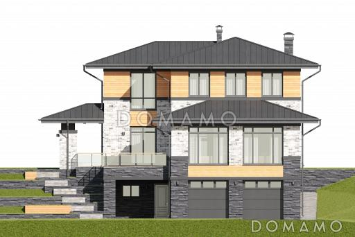 Проект дома с гаражом на 2 машины и навесом, сауной, террасой, кабинетом, детской / Фасад 4