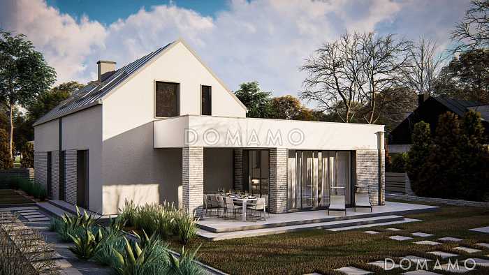 Проект загородного дома с двухскатной крышей, гаражом, просторной гостиной, кладовой в кухне