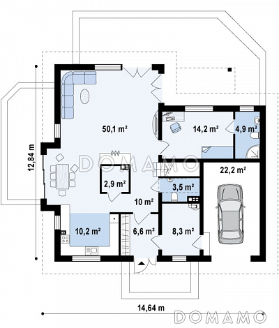 Проект просторного одноэтажного мансардного коттеджа из газобетона с гостевой спальней на первом этаже, кабинетом и гаражом / План 1 этажа