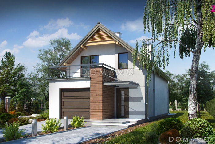 Проект одноэтажного мансардного дома из кирпича с гаражом для узкого участка