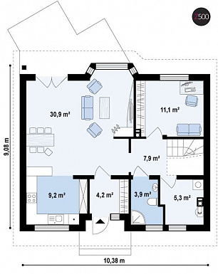 Проект одноэтажного мансардного дома из газобетона с тремя спальнями, кабинетом и эркером в гостиной / План 1 этажа
