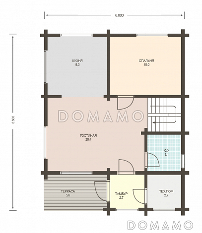 Проект дачного дома с мансардой до 100 м. кв. из клееного бруса / План 1 этажа
