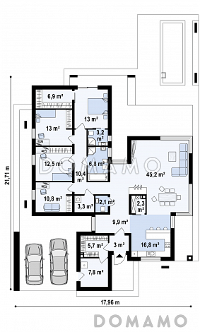 Проект просторного современного одноэтажного дома из кирпича с плоской крышей с четырьмя спальнями, террасой и крытым навесом для двух автомобилей / План 1 этажа