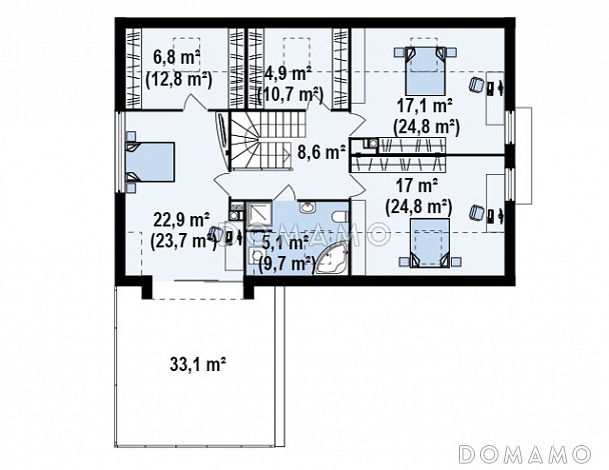 Проект просторного мансардного двухэтажного дома из кирпича с пятью комнатами, эркером и террасой над гаражом / План мансардного этажа