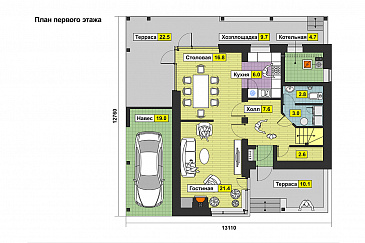 Проект дома с крытой террасой, навесом для автомобиля, вторым светом в гостиной / План 1 этажа