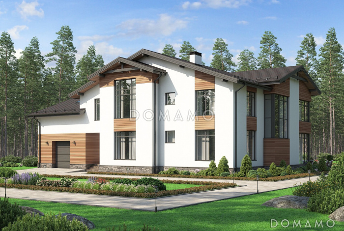 Проект дома с гаражом, двумя открытыми террасами, кабинетами, игровой на втором этаже, кладовыми