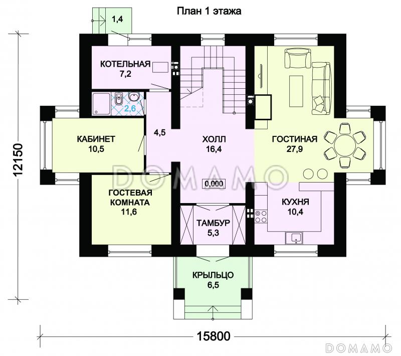 Проект двухэтажного особняка с тремя спальными комнатами и комнатой для гостей / План 1 этажа
