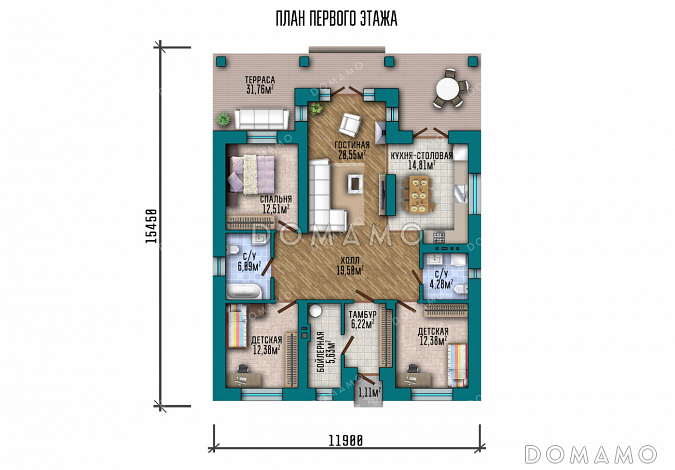Проект одноэтажного дома со свободной планировкой дневной зоны, тремя спальнями и большой террасой / План 1 этажа