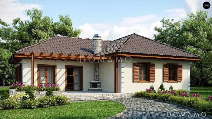 Проект одноэтажного дома из газобетона с тремя спальнями и барбекю на террасе