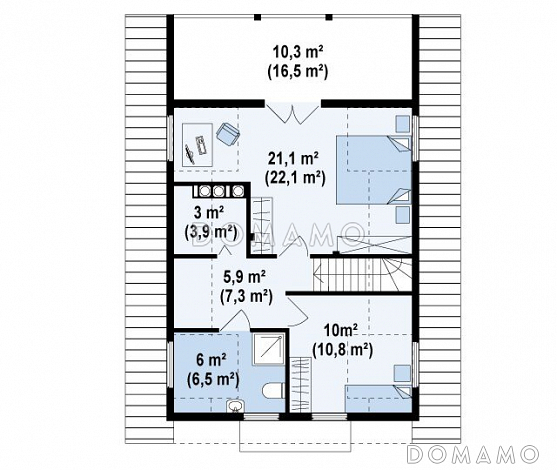 Проект компактного одноэтажного мансардного дома из кирпича с барбекю на крытой террасе / План мансардного этажа