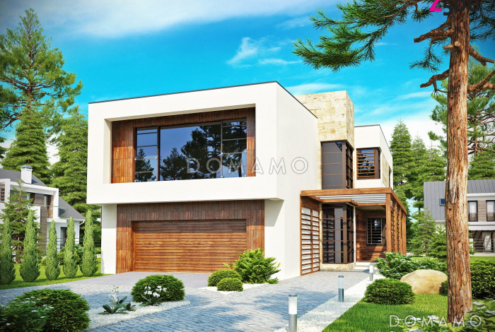 Проект современного двухэтажного дома из кирпича в стиле модерн с пятью спальнями, с гаражом, угловой террасой и балконом над ней