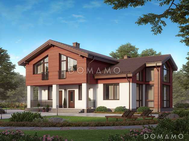 Проект дома по технологии ЛСТК с панорамными окнами и натуральной черепицей