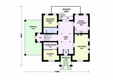 Проект кирпичного дома с воздушной оранжереей / План 1 этажа