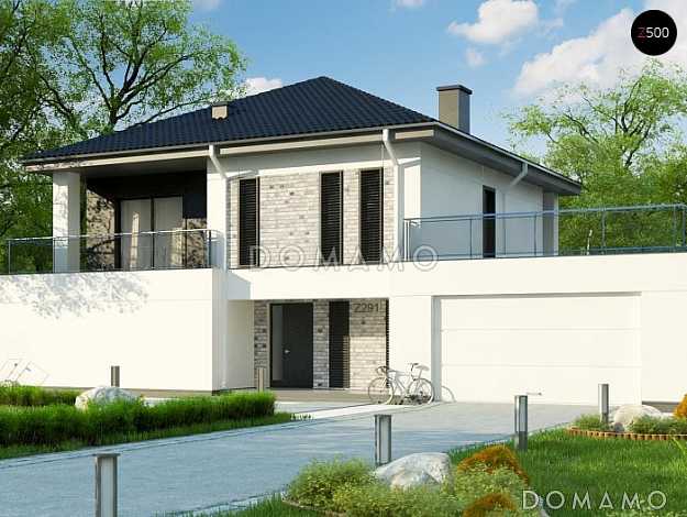 Проект двухэтажного дома из кирпича с гаражом и террасой на втором уровне по периметру дома