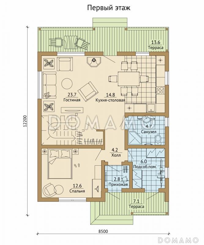 Проект каркасного дома с большим балконом на мансардном этаже / План 1 этажа