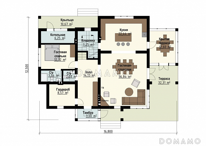 Проект дома для семьи от четырех человек с террасами, просторной кухней-столовой, хозяйской спальней на втором этаже / План 1 этажа