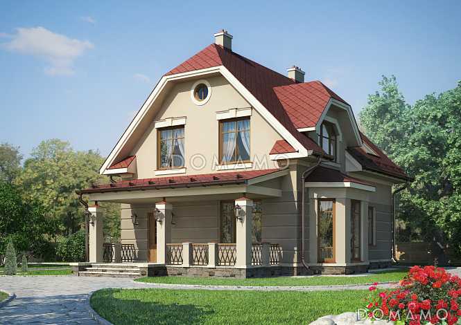 Проект дома с мансардой, крытой террасой и тремя спальными комнатами