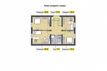 Проект дома с эркером в кухне, двумя спальнями на первом этаже, гостиной с камином, террасой / План мансардного этажа