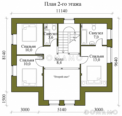Проект двухэтажного газобетонного дома со вторым светом, просторной крытой террасой и сауной / План 2 этажа