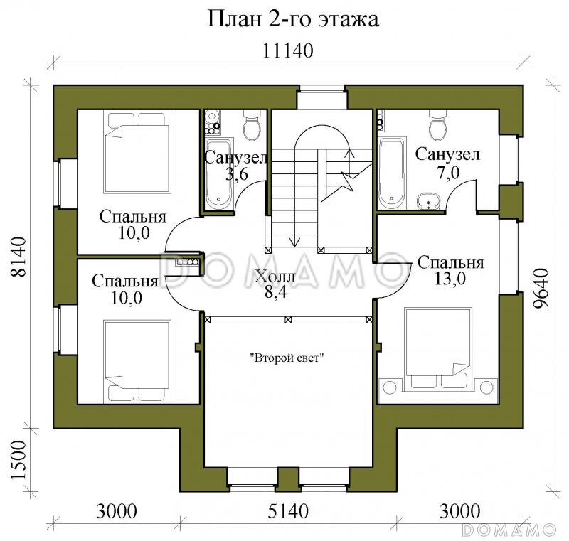 Проект двухэтажного газобетонного дома со вторым светом, просторной крытой террасой и сауной / План 2 этажа