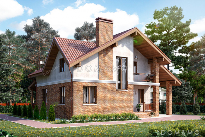 Проект загородного дома с мансардой, навесов для автомобиля, кабинетом и тремя спальнями