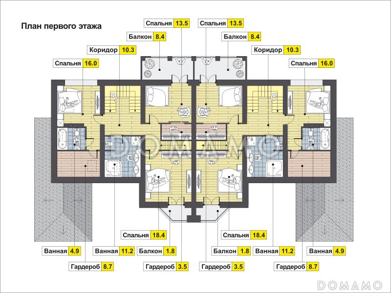Проект дома с эркером в гостиной, комнатой на первом этаже, террасой, балконом, чердаком / План 2 этажа