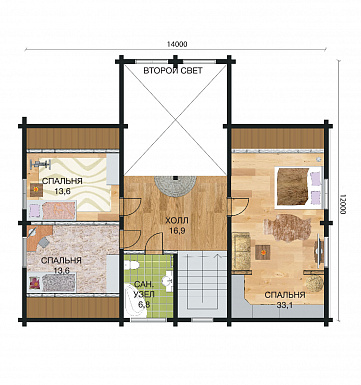 Проект деревянного дома из клееного бруса с большим эркером который является архитектурным украшением всего дома / План мансардного этажа