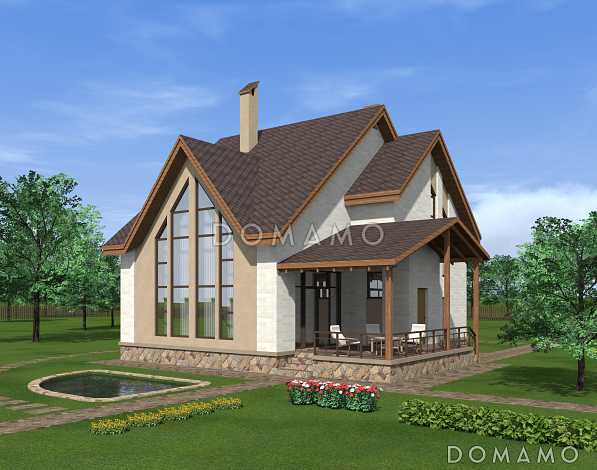 Проект коттеджа из SIP панелей с двусветной гостиной и террасой.