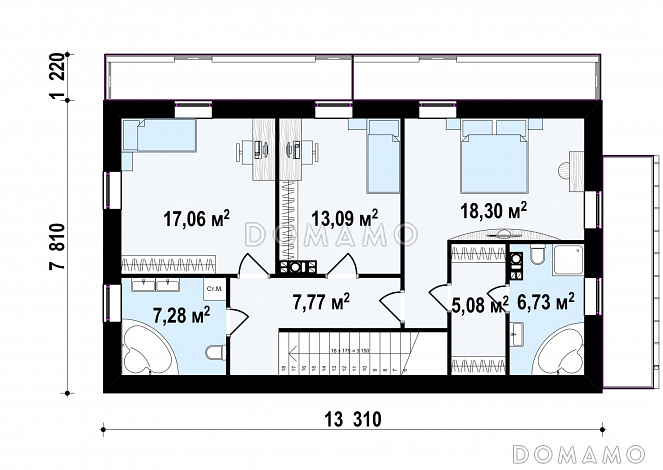 Проект двухэтажного дома из газобетона с двухскатной крышей с четырьмя комнатами и длинным общим балконом / План 2 этажа
