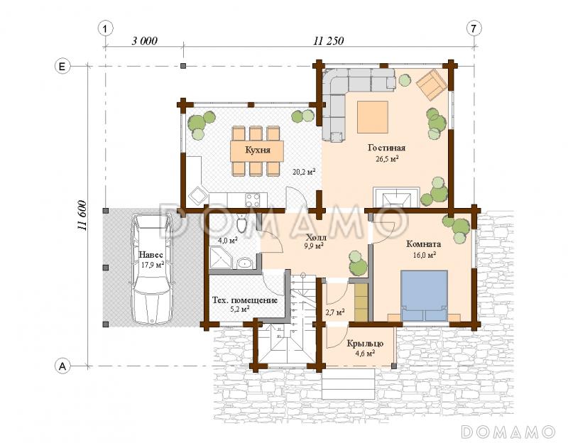 Проект двухэтажного дома из клееного бруса с навесом для авто / План 1 этажа