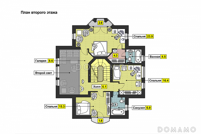 Проект дома с цокольным этажом, бассейном и сауной, кухней с эркером, открытой террасой, бильярдной на мансарде / План 2 этажа