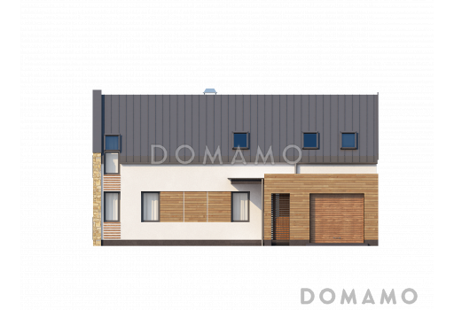 Проект современного мансардного дома из газобетона с пятью комнатами и гаражом / Фасад 1