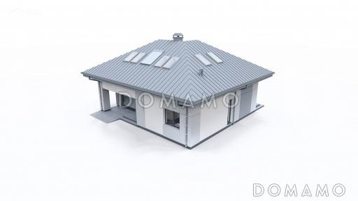 Проект загородного дома с мансардой, гаражом, просторной гостиной с камином, тремя спальнями на мансарде / Фасад 1