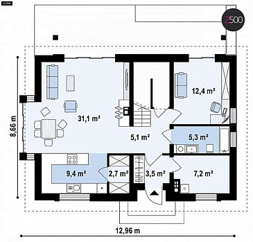 Проект классического мансардного дома из газобетона с дополнительной спальней на первом этаже, с эркером и с деревянными фасадами / План 1 этажа