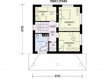 Проект загородного дома с комнатой на первом этаже, санузлом под лестницей, террасой / План 2 этажа