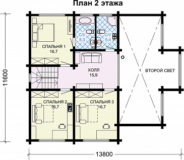 Проект деревянного дома с 4 спальнями и вторым светом в гостиной-столовой / План мансардного этажа