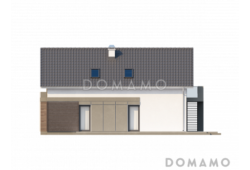Проект одноэтажного мансардного дома из кирпича с балконом и с фронтальным пристроенным гаражом / Фасад 3