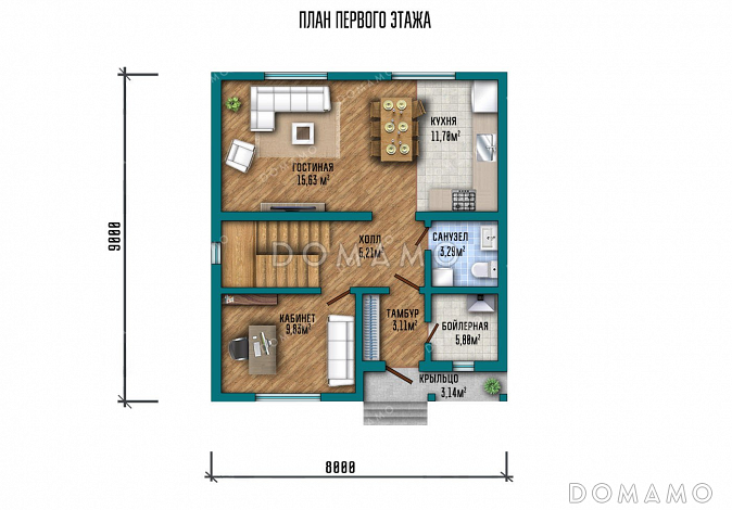 Проект одноэтажного дома с мансардой и балконом / План 1 этажа